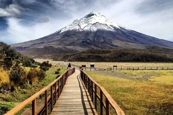 Sendero de madera hacia el volcán Cotopaxi en el Parque Nacional Cotopaxi
