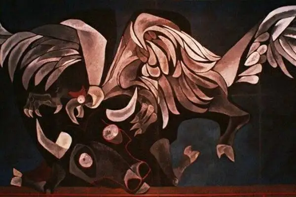 Mural painting depicting the Yawar Fiesta tradition of a condor tied to a bull in the Andes