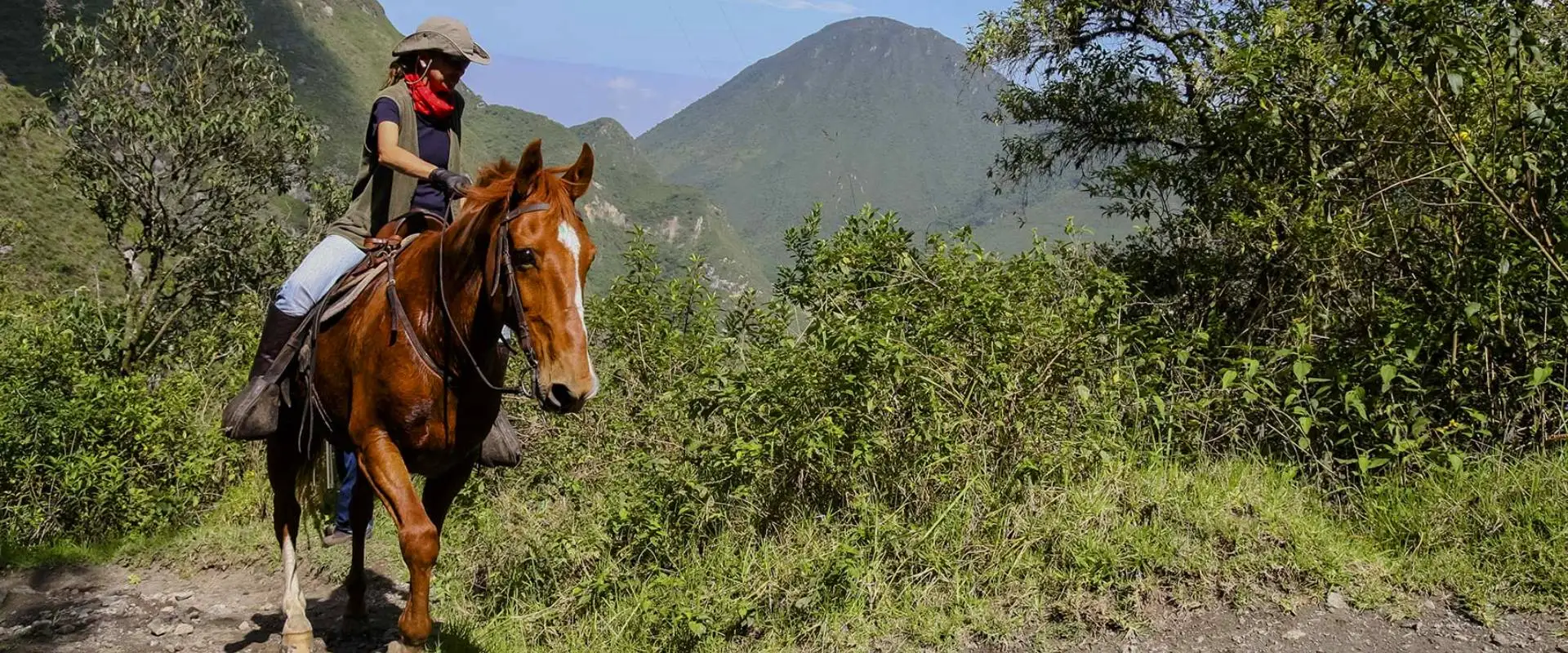 Rider with a horse on a mountain trail with views of the Andes