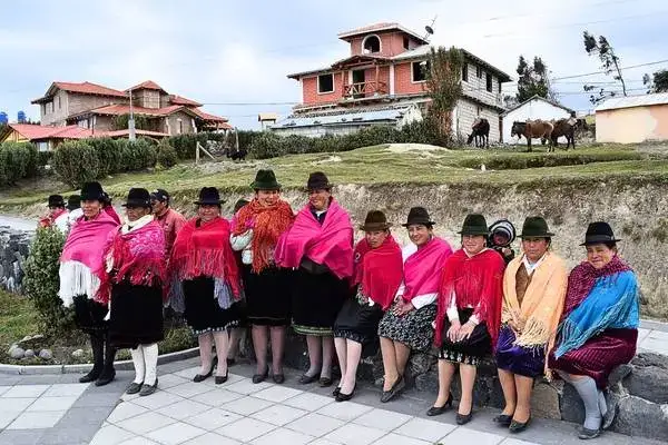 Indigenous women in traditional shawls and hats in Zumbahua village