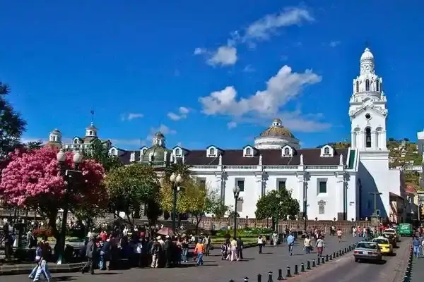 San Francisco Plaza colonial church facade in centro historico Quito