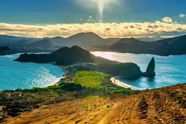 Aerial view of Pinnacle Rock and Bartolome Island in the Galapagos