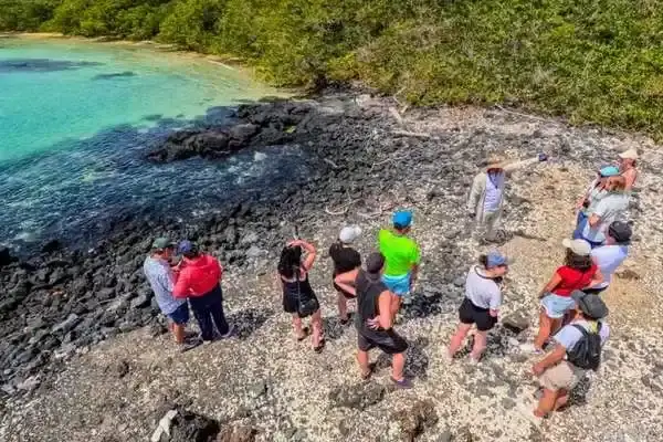 Guide leading tourists along the lava trail at Tintoreras islet