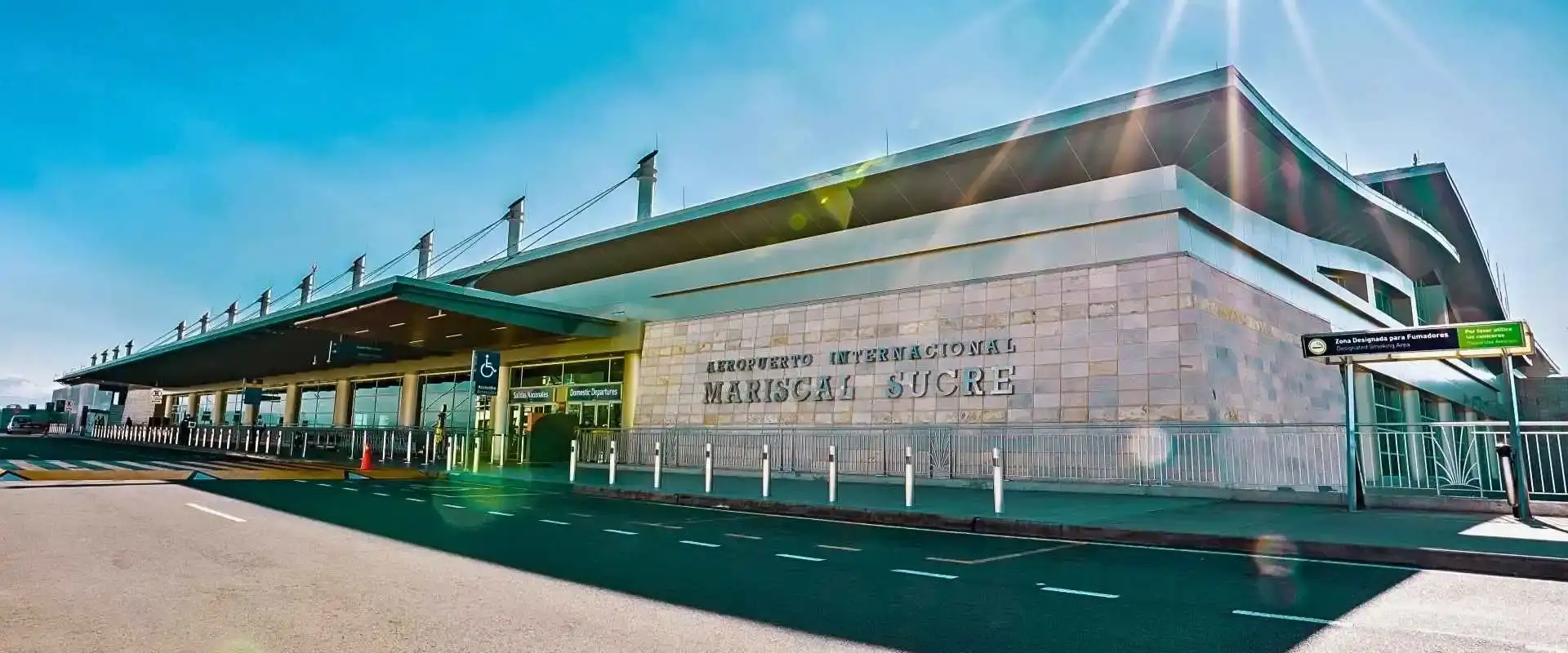 Main facade of the Mariscal Sucre International Airport in Tababela, the starting point for the Quito airport to city center route.