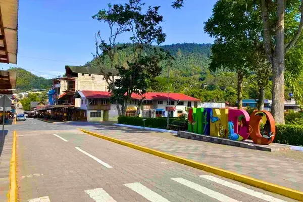 Mindo Ecuador town main street local shops restaurants