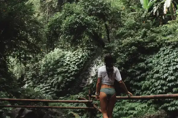 Sendero de selva hacia una cascada cerca de Misahuallí